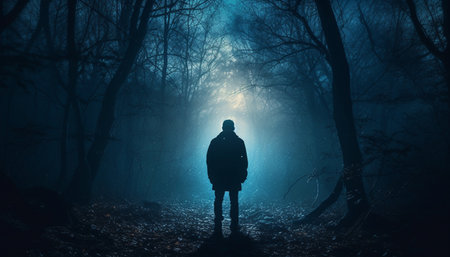 One person walking in spooky forest, silhouette back lit by moon generated by artificial intelligenceの素材