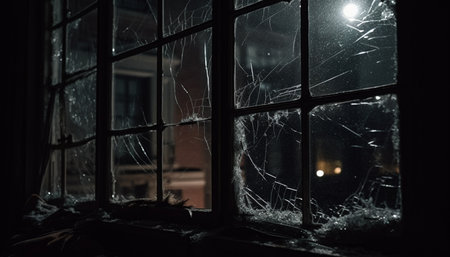 Abandoned home interior with shattered glass and broken decorations generated by artificial intelligenceの素材