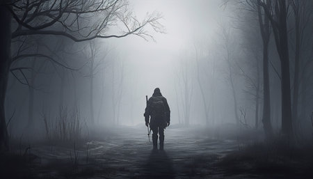 Silhouette walking on foggy footpath in spooky forest landscape generated by artificial intelligenceの素材