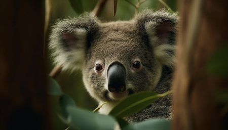 Koala marsupial with furry, tree, outdoors, nature, close up, looking generated by artificial intelligenceの素材