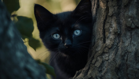 Cute kitten sitting on tree branch, staring at camera outdoors generated by artificial intelligenceの素材