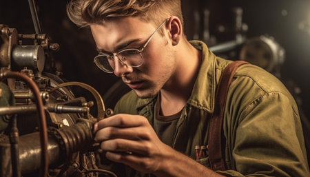 One Caucasian male musician holding guitar, concentrating on repairing equipment generated by artificial intelligenceの素材