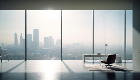 Modern city loft apartment with panoramic cityscape view and technology generated by artificial intelligenceの素材