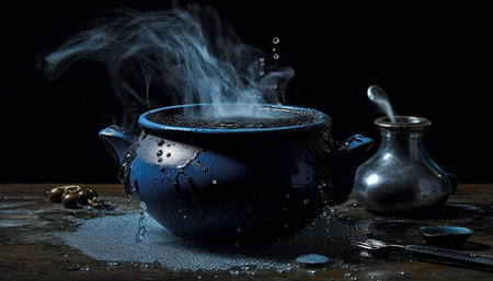 Steam rises from hot chocolate in rustic mug on table generated by artificial intelligenceの素材