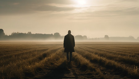 Solitude in Nature One Man Standing in Tranquil Autumn Meadow generated by artificial intelligenceの素材