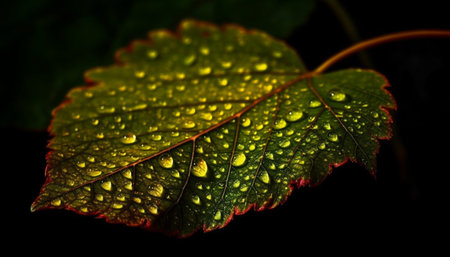 Vibrant leaf vein reflects wet beauty in nature growth pattern generated by artificial intelligenceの素材