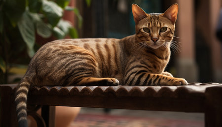 Playful striped kitten staring at camera with yellow eyes outdoors generated by artificial intelligenceの素材