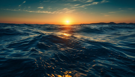 Tranquil sunset over rippled water, a beauty in nature generated by artificial intelligenceの素材
