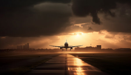 Commercial airplane taking off at dusk, illuminating cityscape skyscrapers generated by artificial intelligenceの素材