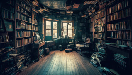 Antique book collection on old wooden bookshelf in dark library generated by artificial intelligenceの素材