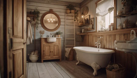 Modern elegance in a rustic domestic bathroom with luxury fixtures generated by artificial intelligenceの素材