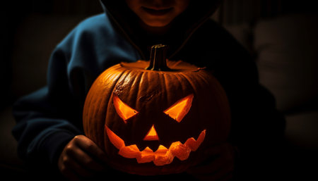 Spooky Halloween celebration with glowing pumpkin lantern and spooky decorations generated by artificial intelligenceの素材