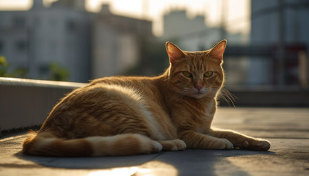 Cute kitten sitting in the sun, staring at camera with whiskers generated by artificial intelligenceの素材