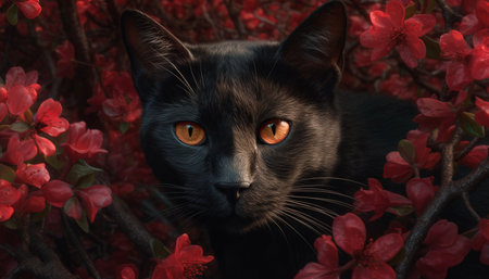 Fluffy kitten staring at single flower, beauty in nature springtime generated by artificial intelligenceの素材