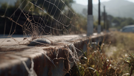 Spider web glistens in wet forest, autumn leaves on tree generated by artificial intelligenceの素材