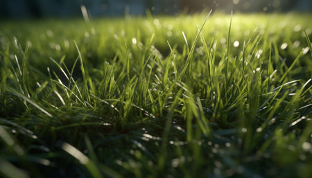Fresh green meadow in summer, dew drops on blades of grass generated by artificial intelligenceの素材