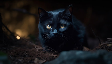 Cute kitten sitting on grass, staring at camera with alertness generated by artificial intelligenceの素材