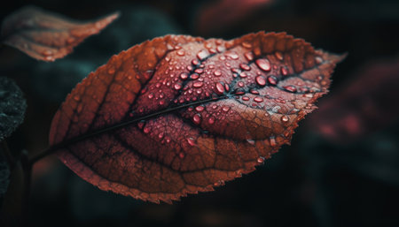 Vibrant leaf vein reflects wet beauty in nature backdrop generated by artificial intelligenceの素材