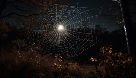 Spooky spider spins wet web in dark forest at night generated by artificial intelligenceの素材