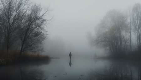 One person walking in solitude through the spooky forest generated by artificial intelligenceの素材