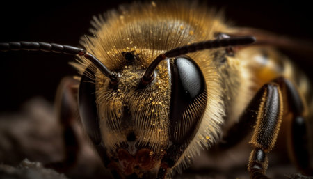 Small yellow bee in extreme close up, focus on foreground generated by artificial intelligenceの素材