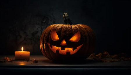 Glowing pumpkin lantern illuminates spooky Halloween night with candlelight generated by artificial intelligenceの素材