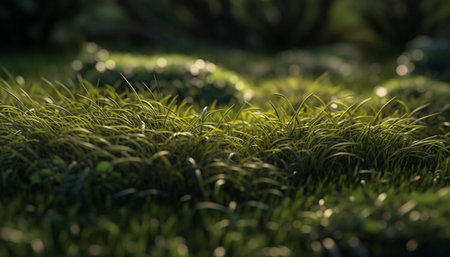 Vibrant green meadow, dew drops on leaves, tranquil autumn landscape generated by artificial intelligenceの素材