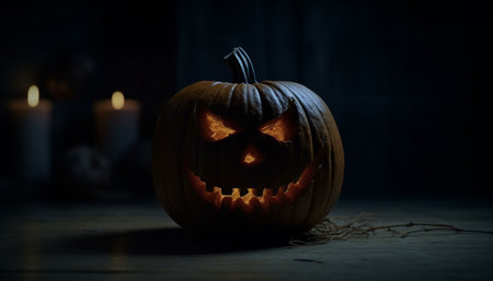 Spooky pumpkin lantern glows in dark October night, inducing fear generated by artificial intelligenceの素材