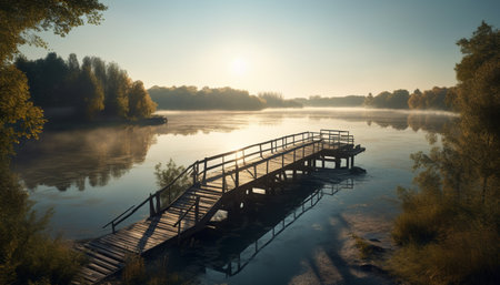 Tranquil forest reflection on calm water at sunset generated by artificial intelligenceの素材