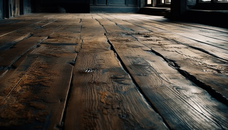 Sunlit hardwood flooring in old domestic room with striped door generated by artificial intelligenceの素材