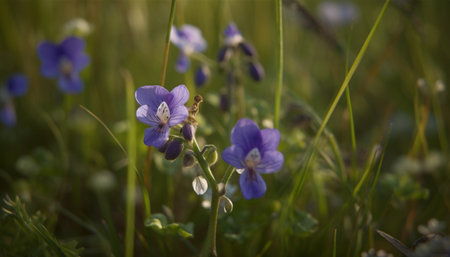 Fresh purple wildflower blossom in meadow, selective focus on foreground generated by artificial intelligenceの素材