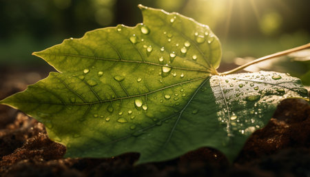 Vibrant green leaf with dew drop, reflecting sunlight in nature generated by artificial intelligenceの素材