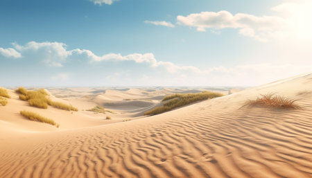 Rippled sand dunes in arid Africa create a striped landscape generated by artificial intelligenceの素材
