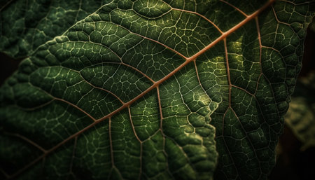 Vibrant green leaf vein pattern on black background, macro close up generated by artificial intelligenceの素材
