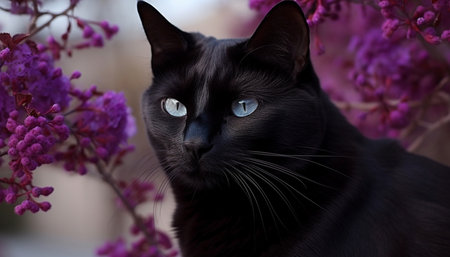 Cute kitten staring with curiosity at purple flower in nature generated by artificial intelligenceの素材