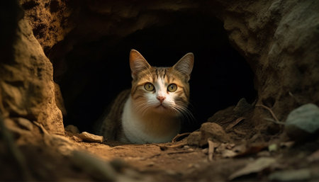Cute kitten sitting outdoors, staring with curious animal eye generated by artificial intelligenceの素材