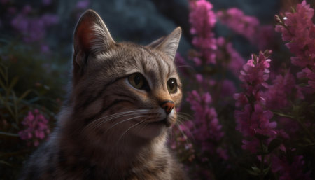 Fluffy kitten sitting in grass, staring with curious green eyes generated by artificial intelligenceの素材