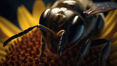 Small bee pollinates yellow flower, beauty in nature outdoors generated by artificial intelligenceの素材