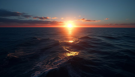 Silhouette of mountains against orange sky, waves crash on shore generated by artificial intelligenceの素材