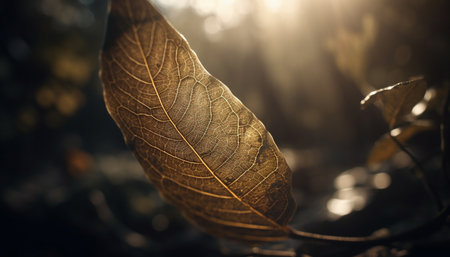 Vibrant autumn foliage on maple tree, backlit by sunset glow generated by artificial intelligenceの素材
