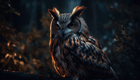 Large snowy owl perching on tree branch, staring spooky night generated by artificial intelligenceの素材