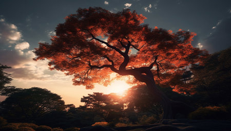 Spooky autumn landscape backlit forest, vibrant orange and yellow leaves generated by artificial intelligenceの素材