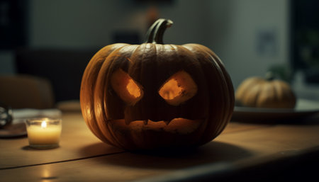 Spooky pumpkin lantern glowing in the dark autumn night generated by artificial intelligenceの素材