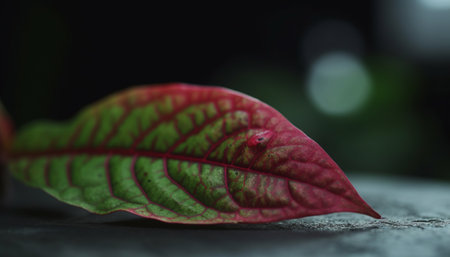 Vibrant autumn leaf pattern, wet with dew, beauty in nature generated by artificial intelligenceの素材