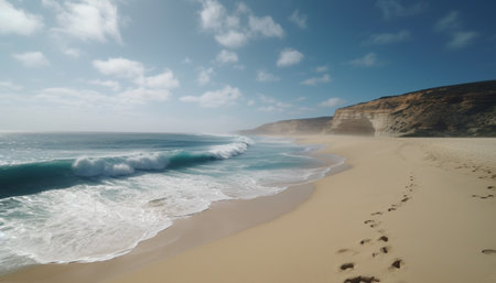 Tranquil coastline, breaking waves, sandy beach, blue waters, idyllic sunset generated by artificial intelligenceの素材