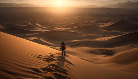 Silhouette of a man walking on rippled sand dunes at sunset generated by artificial intelligenceの素材