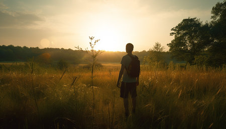 One person hiking outdoors in tranquil mountain meadow at sunset generated by artificial intelligenceの素材