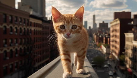 Cute kitten sitting on roof, staring at cityscape skyline generated by artificial intelligenceの素材