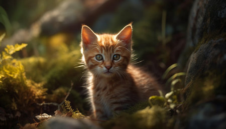 Playful kitten sitting on grass, staring at camera with curiosity generated by artificial intelligenceの素材