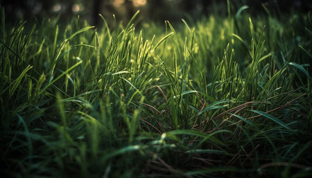 Vibrant green meadow, fresh growth, dew on blades of grass generated by artificial intelligenceの素材